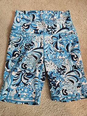 Sugar Blue & White Swirl Print High-Waist Bike Shorts